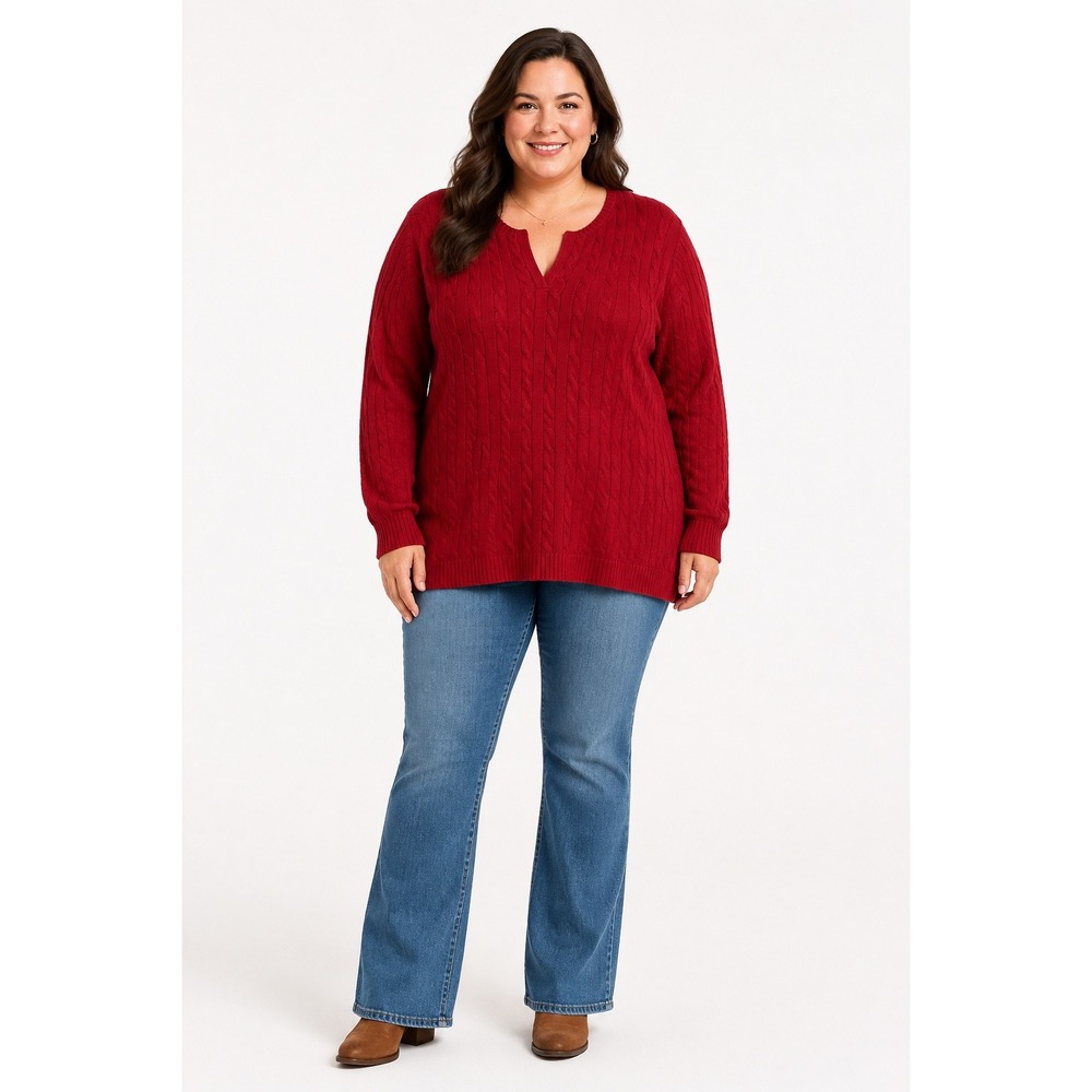 Lauren Ralph Lauren Sweater 2X Red Cable Knit Notched V-Neck Cotton Pullover